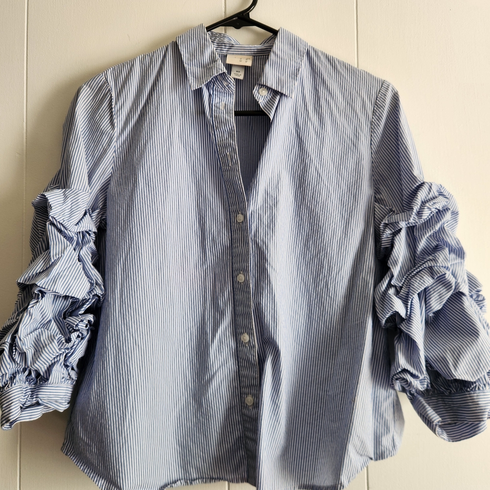 a new day Blue Striped Women's Blouse with Ruffle Sleeves